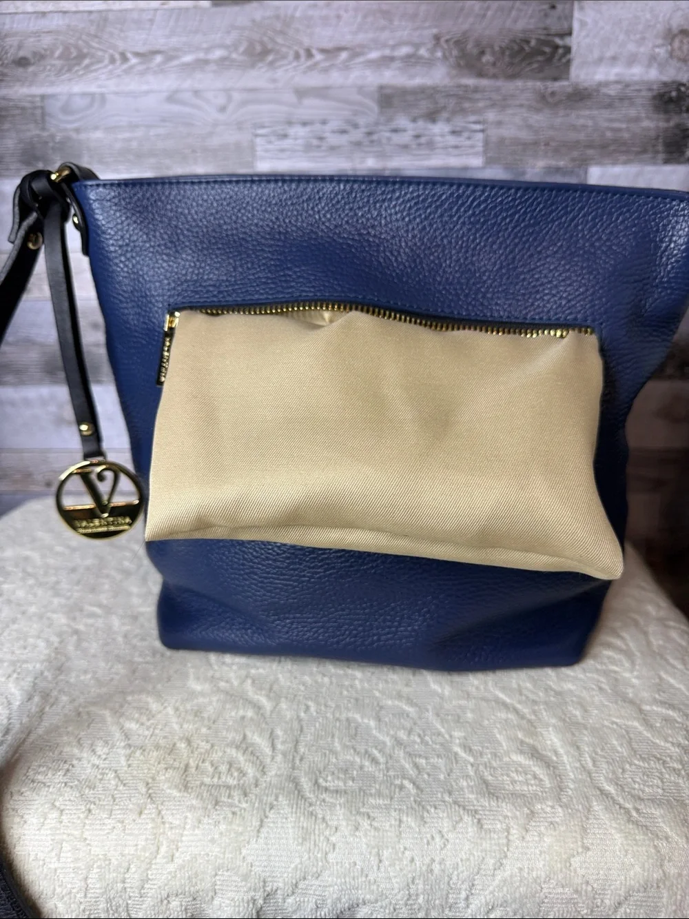 Valentina Navy Blue Pebbled Leather Crossbody with Gold Hardware